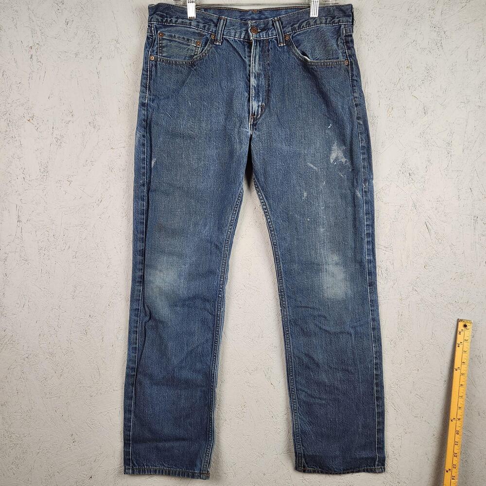 Levis 505 Jeans Mens 33x32 Blue Straight Leg Distressed Faded Work Barn Chore